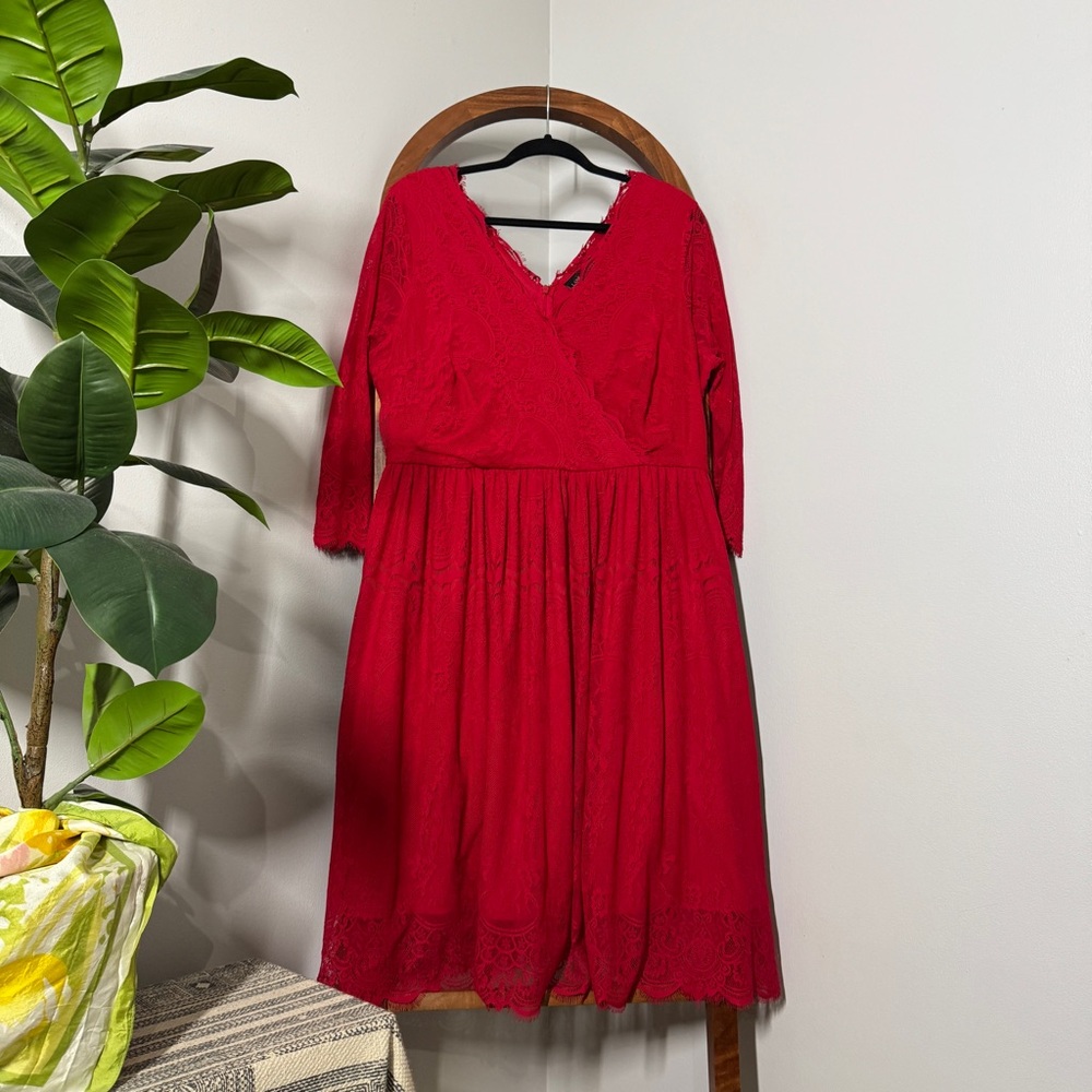 Lane Bryant 16 Red Lace 3/4 Sleeve V Neck Fit and Flare Dress